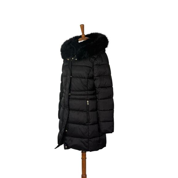 Tahari Velvet Bib Faux Fur Hooded Puffer Coat Women’s Black Winter M - Picture 5 of 8